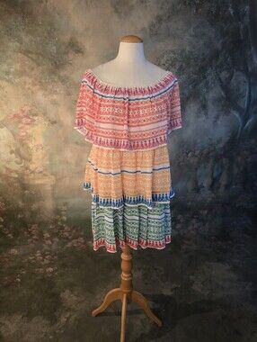 Flying Tomato Off The Shoulder Tiered Bohemian Inspired Geometric Tassel Pattern